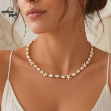 گردنبند صدفی با مهره‌های ستاره‌ای کد 690